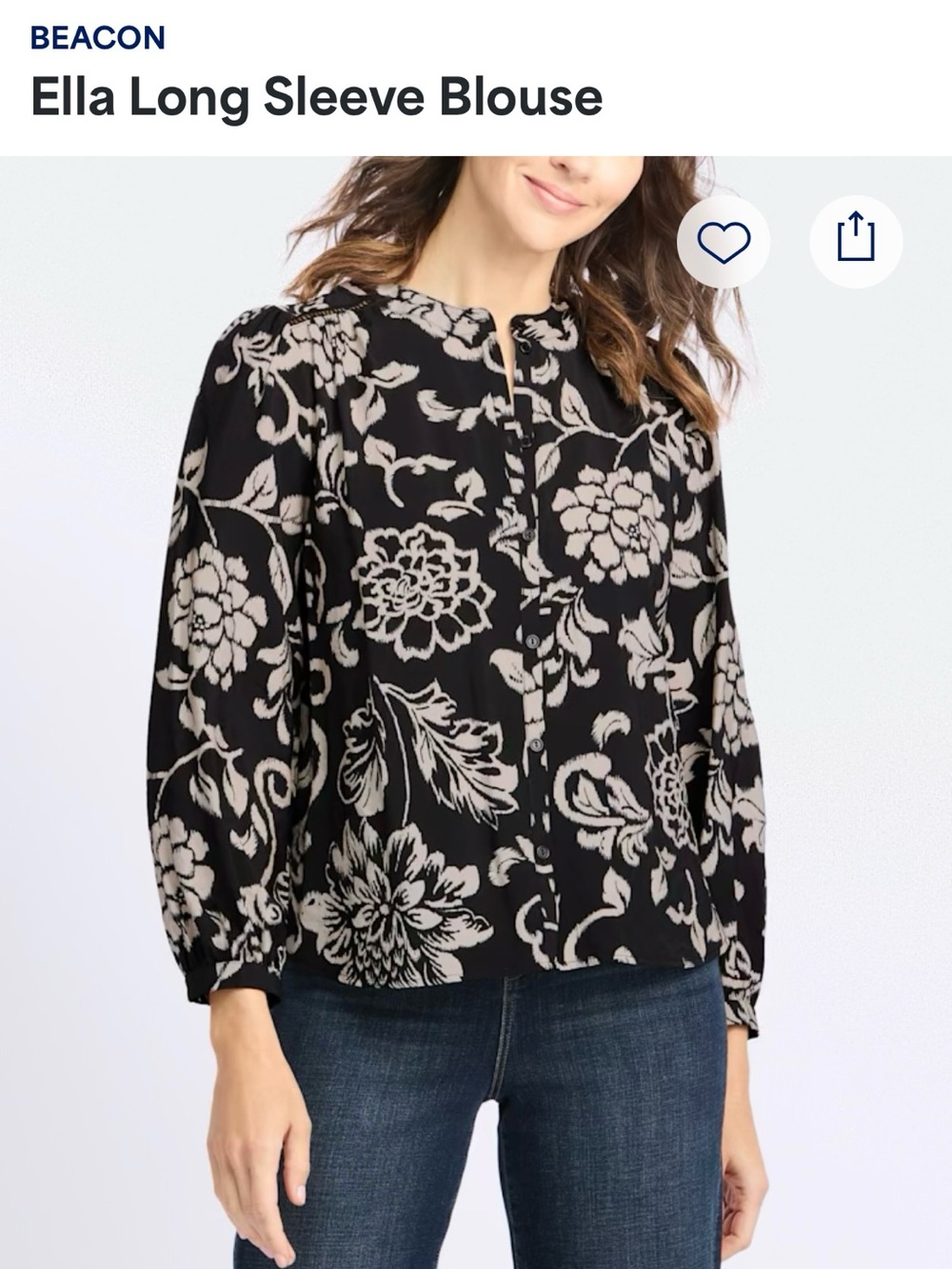 Beacon Floral Button-Front Long Sleeve Blouse in Black and Cream